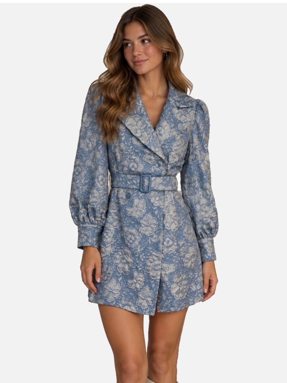 Blue Floral Textured Double Breasted Peacoat Trench Belt Coquette Romantic S